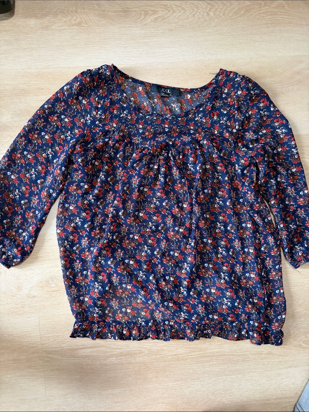 Vintage Forever 21 Navy Floral Blouse with Red & Cream Flowers